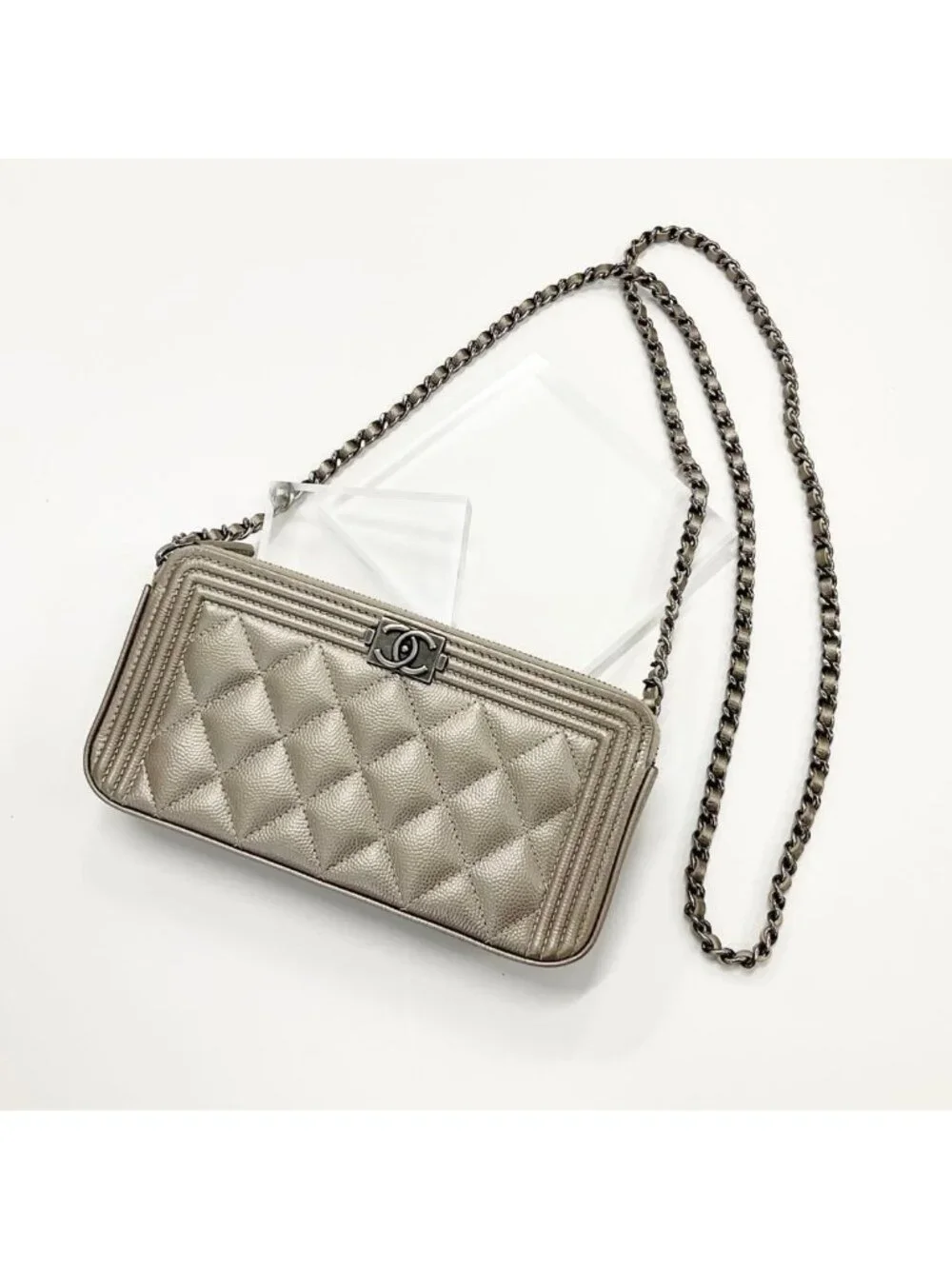 Chanel Caviar Leather CC Logo Boy Chain Wallet Shoulder